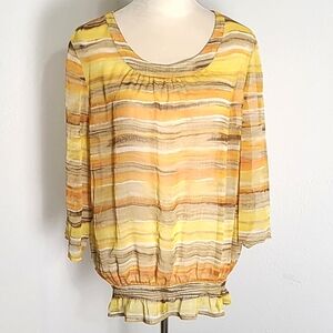 Chico's Striped Yellow, Brown & Orange Stripe Top, Ruffled Border, Size 2, Large